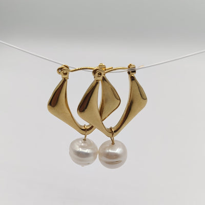 Gold-Plated Freshwater Pearl Drop Earrings with Modern Twist Design