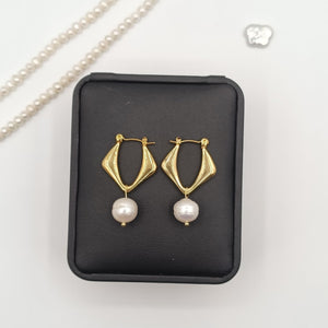 Gold-Plated Freshwater Pearl Drop Earrings with Modern Twist Design