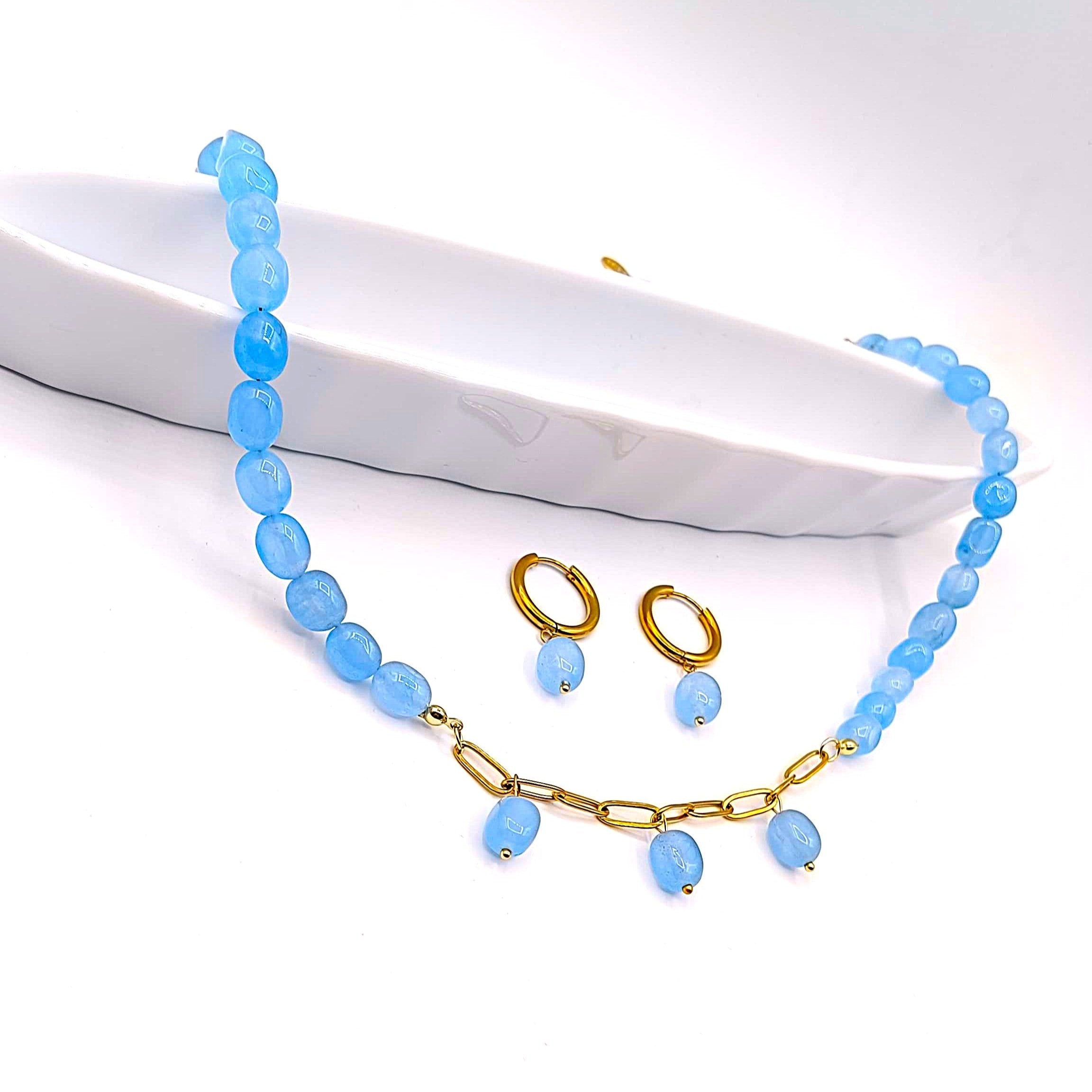 Handcrafted aquamarine stone necklace and gold hoop earrings set with adjustable gold chain