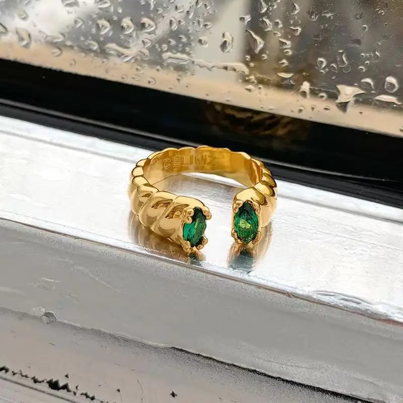 18K Gold-Plated Adjustable Ring with Green and White Stones