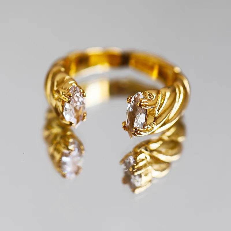 18K Gold-Plated Adjustable Ring with Green and White Stones