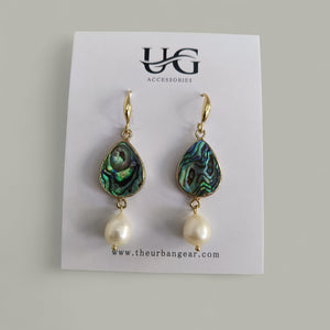 Gold plated abalone shell teardrop earrings with freshwater pearl dangle – handmade ocean inspired jewelry