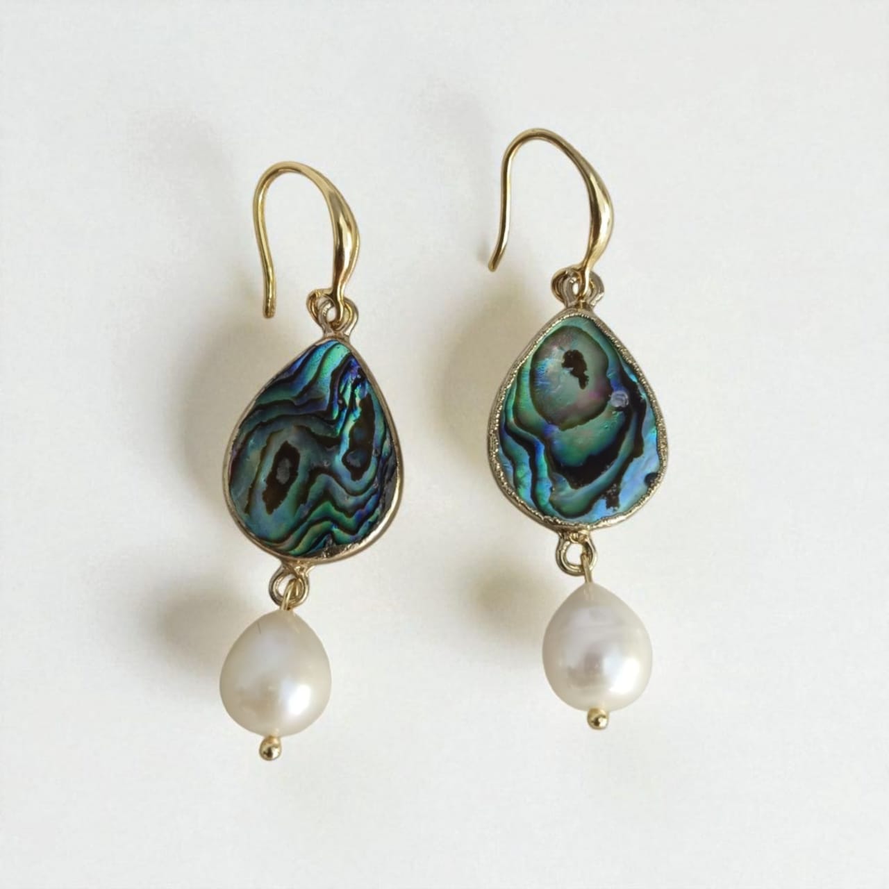 Gold plated abalone shell teardrop earrings with freshwater pearl dangle – handmade ocean inspired jewelry