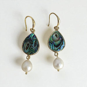Gold plated abalone shell teardrop earrings with freshwater pearl dangle – handmade ocean inspired jewelry
