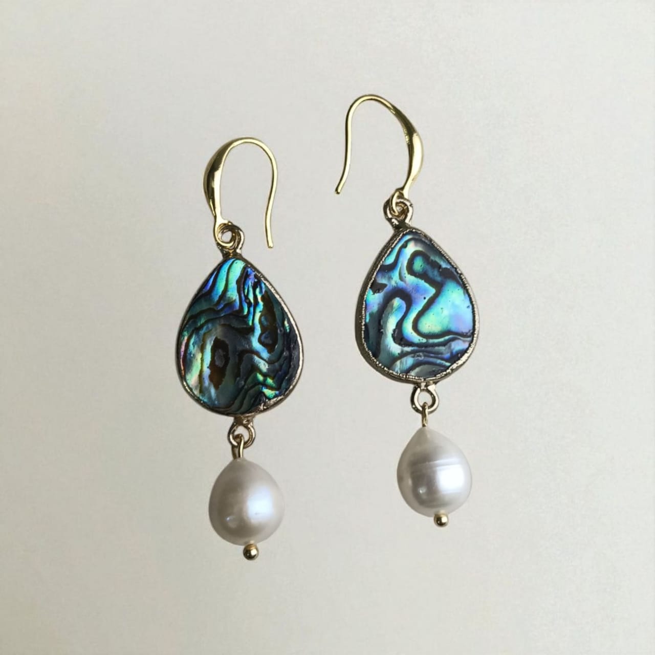 Gold plated abalone shell teardrop earrings with freshwater pearl dangle – handmade ocean inspired jewelry