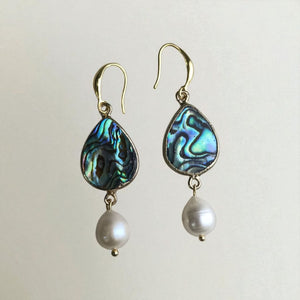 Gold plated abalone shell teardrop earrings with freshwater pearl dangle – handmade ocean inspired jewelry