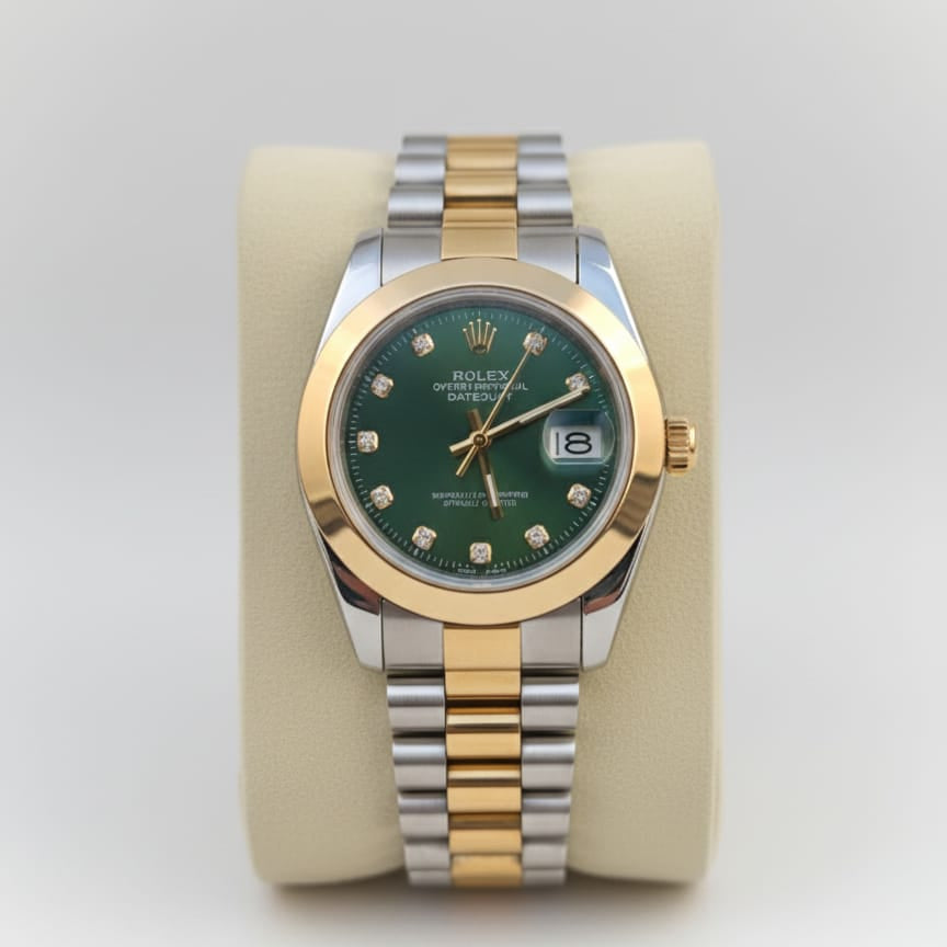 Two-tone watch with a green face on a white background