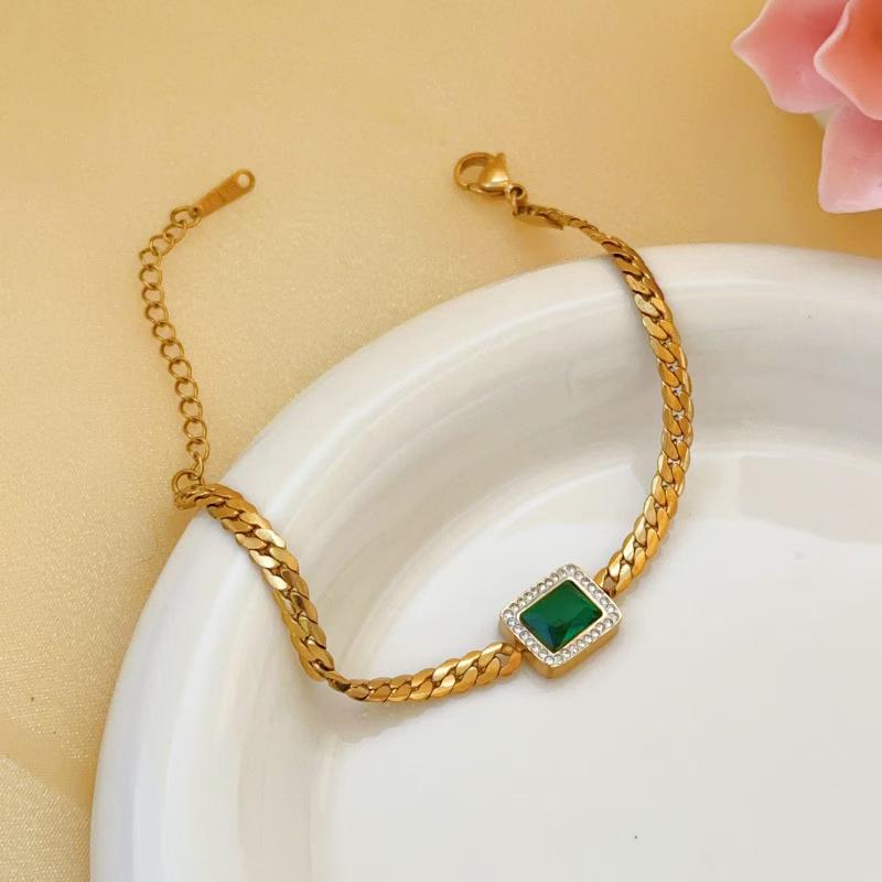 18K Gold Plated Titanium Steel Bracelet with Emerald Cube Zircon Stone