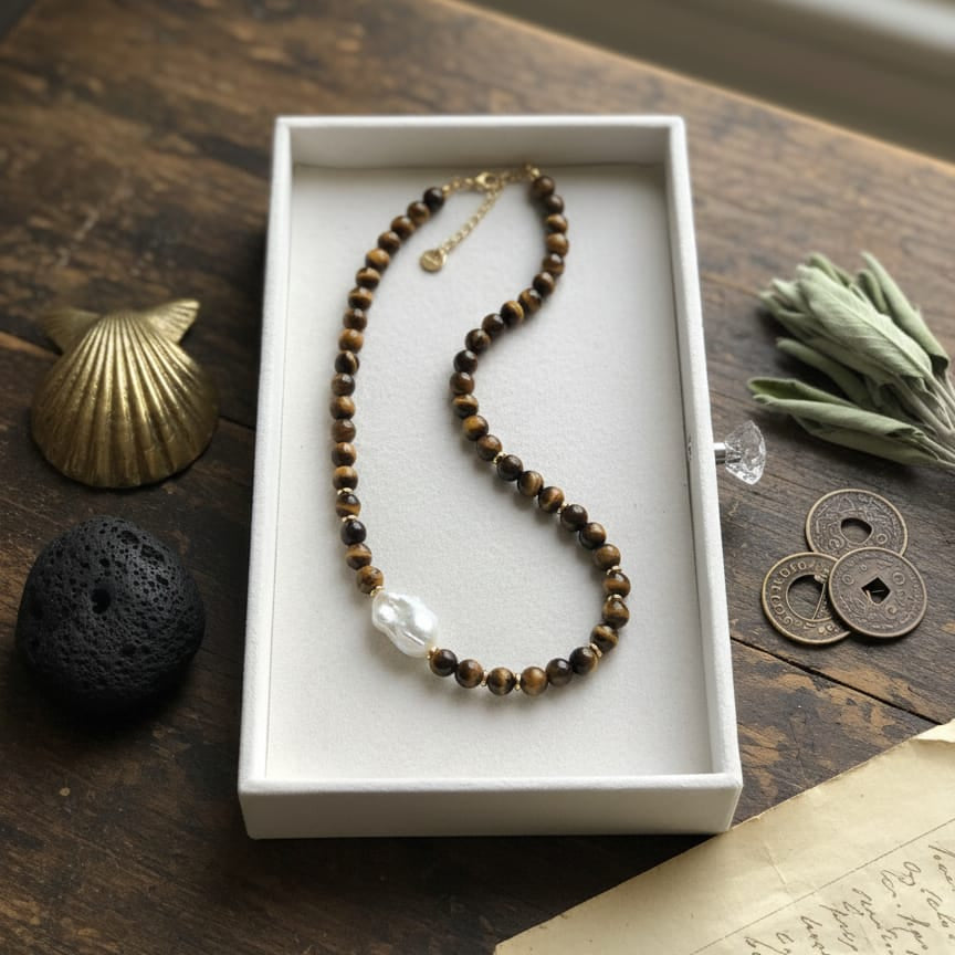 Necklace with brown and black beads in a white box on a wooden surface with a shell, black stone, and coins.