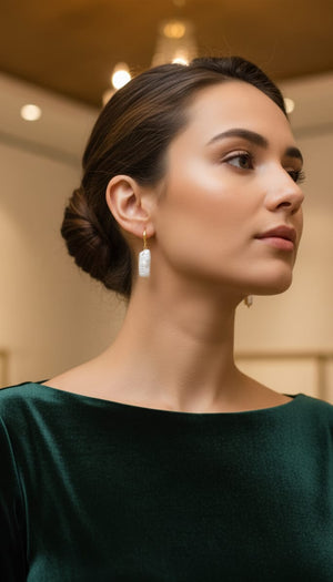 ectangular freshwater pearl earrings with gold hooks on display card – Urban Gear