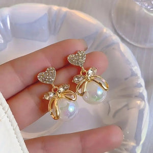 White Pearl Studded Bow Heart Drop Earrings Urbangear