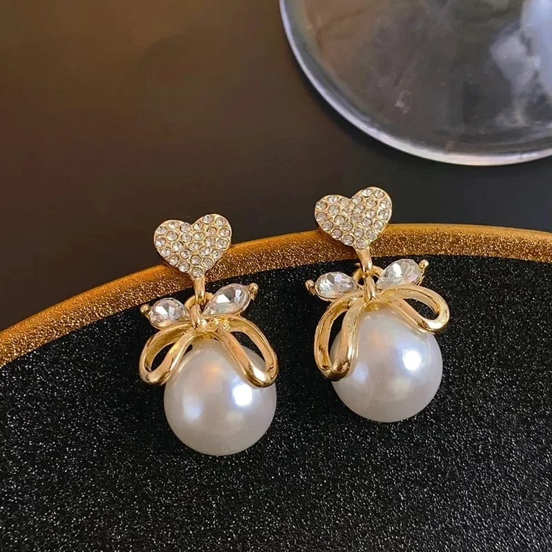 White Pearl Studded Bow Heart Drop Earrings Urbangear