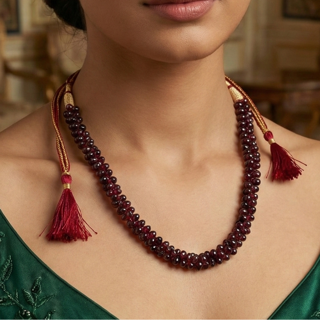 Necklace with red beads and tassels worn by a person, with a blurred indoor background.