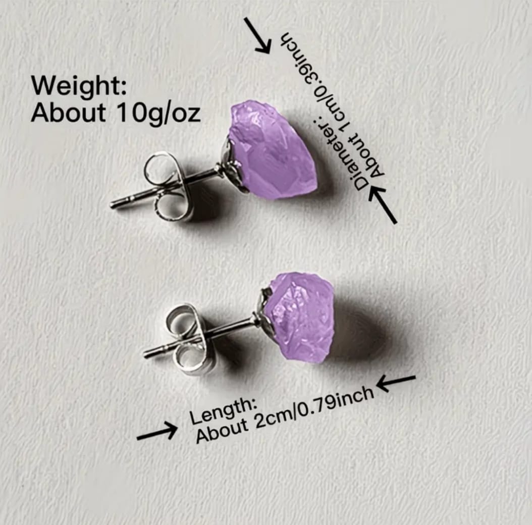 Natural amethyst raw stone stud earrings in purple with approximately 2 cm length