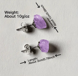 Natural amethyst raw stone stud earrings in purple with approximately 2 cm length