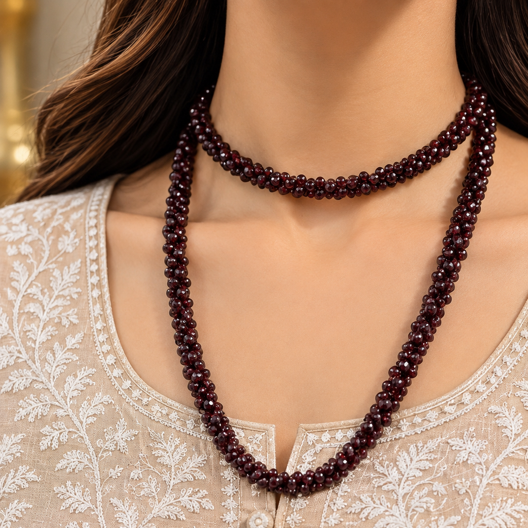 Natural garnet mala and choker with deep red garnet stone beads