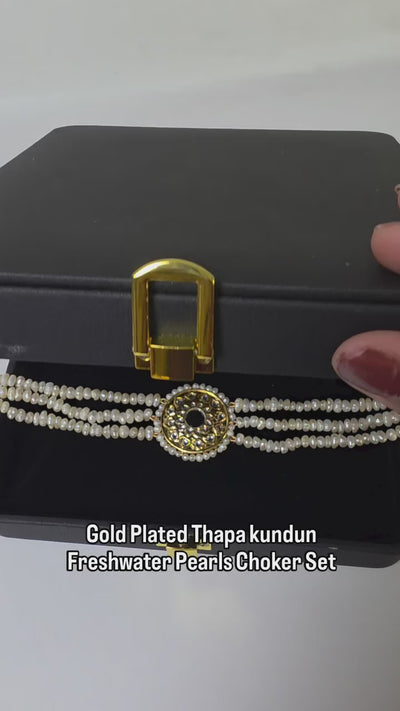 Freshwater pearl multi-strand Kundan choker necklace set with matching earrings