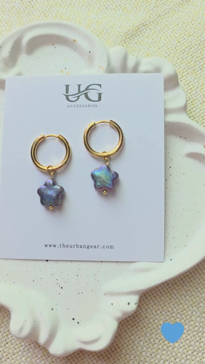 Peacock blue freshwater baroque pearl hoop earrings
