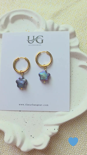 Peacock blue freshwater baroque pearl hoop earrings