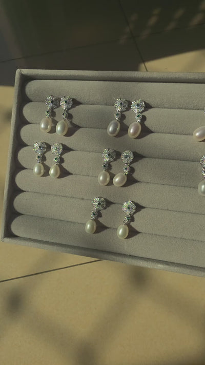 Freshwater Pearl Drop Earrings with Green Zircon in Sterling Silver