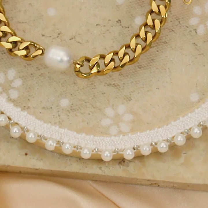 18K Gold-Plated Chunky Chain Bracelet with Natural Pearl