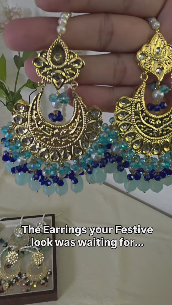 Gold plated Thappa Kundan Meena work statement earrings with colorful hanging accents