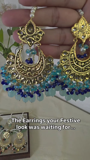 Gold plated Thappa Kundan Meena work statement earrings with colorful hanging accents