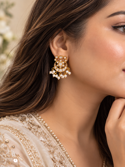 Mother of Pearl Chandbali earrings with gold-tone detailing and pearl accents