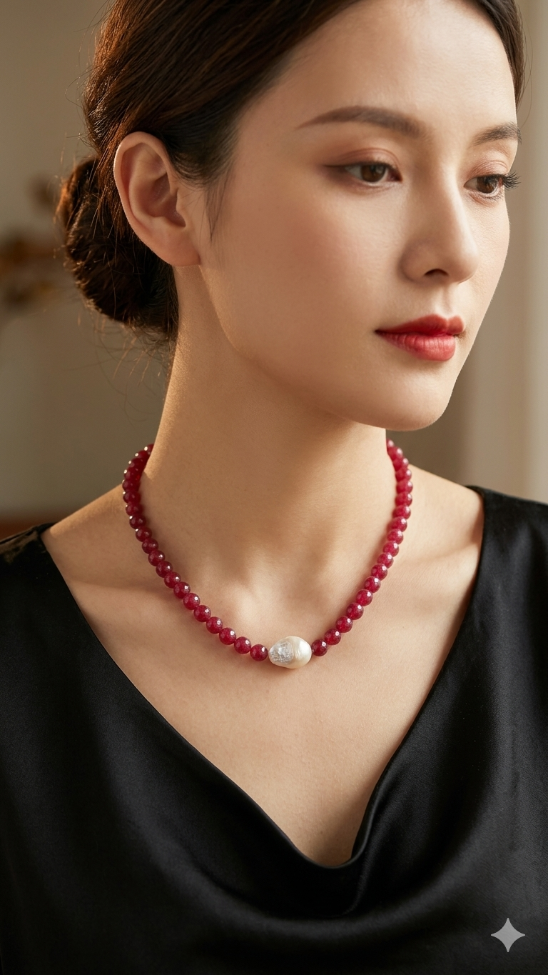 Ruby beaded necklace with baroque pearl
