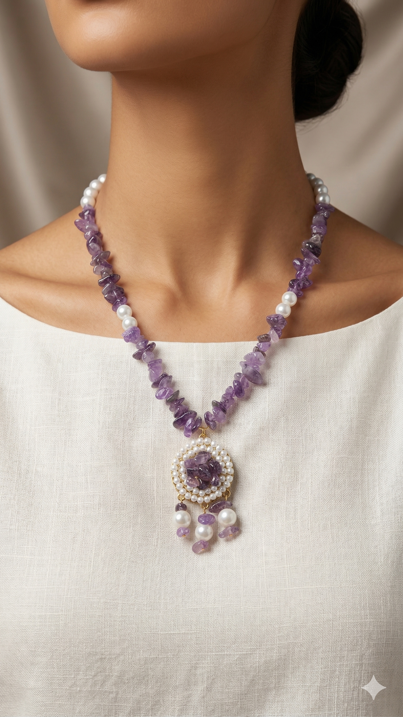 Amethyst necklace with pearl pendant