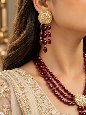 Original Ruby Jade Stone 3 layer necklace with gold-tone centerpiece
