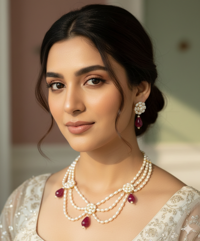 Pearl ruby-accent necklace and earrings set by Urban Gear