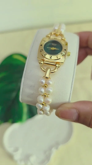 Luxury Freshwater Pearl Bracelet Watch with Green Dial