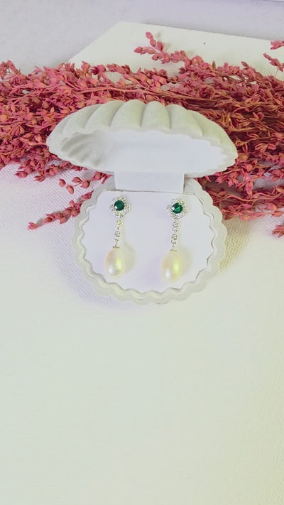 Emerald Green Zircon and Pearl Earrings