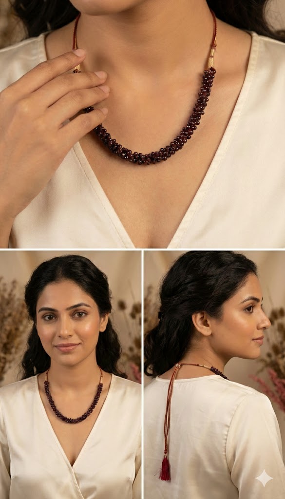 Handcrafted natural garnet stone mala necklace with deep red polished beads and adjustable thread closure