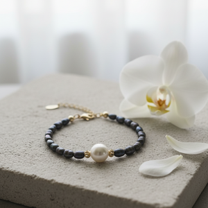 Black Freshwater Pearl Necklace with White Baroque Pendant & Gold-Plated Accents