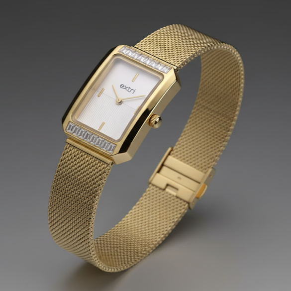 Gold: “Extri rectangular luxury watch with white dial and gold stainless steel mesh strap on cushion