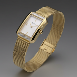 Gold: “Extri rectangular luxury watch with white dial and gold stainless steel mesh strap on cushion