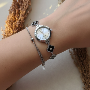 Elegant silver black clover bracelet watch with crystal accents – luxury women’s jewelry by Urban Gear